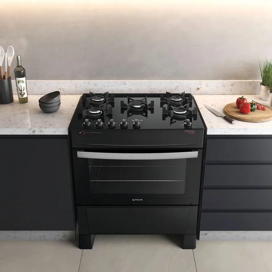 Fogão 5 Bocas Atlas Atenas Glass Preto A Gás Com Mesa De Vidro E Mega Chama Bivolt
