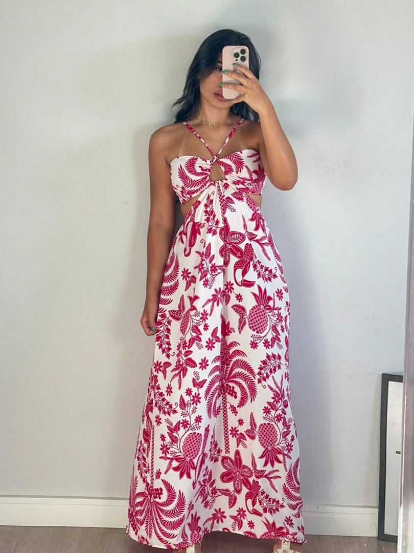 Vestido Longo Floral Com Leve Recorte Na Cintura