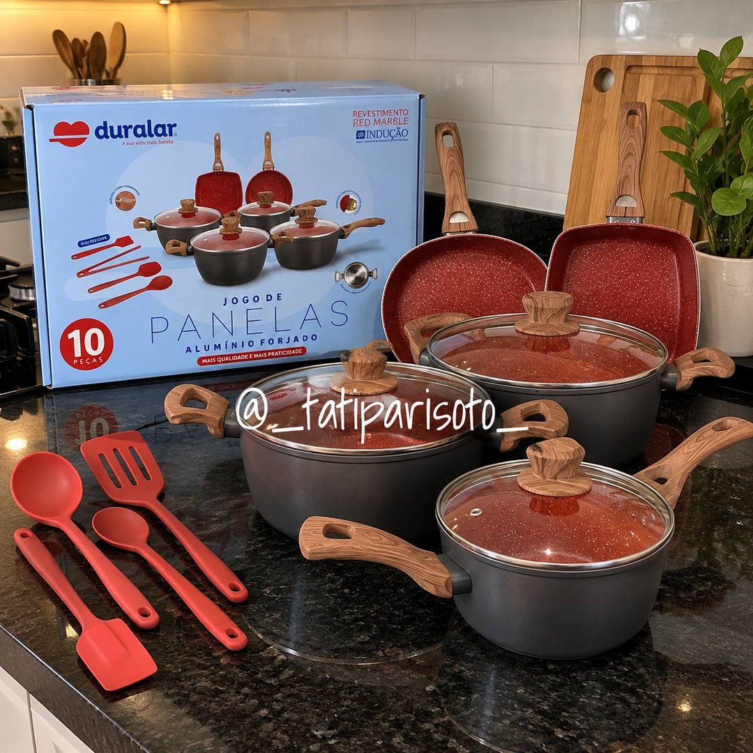 Jogo de Panela Cerâmica Antiaderente Indução 10 Pçs Fogão Cooktop Vermelho Duralar