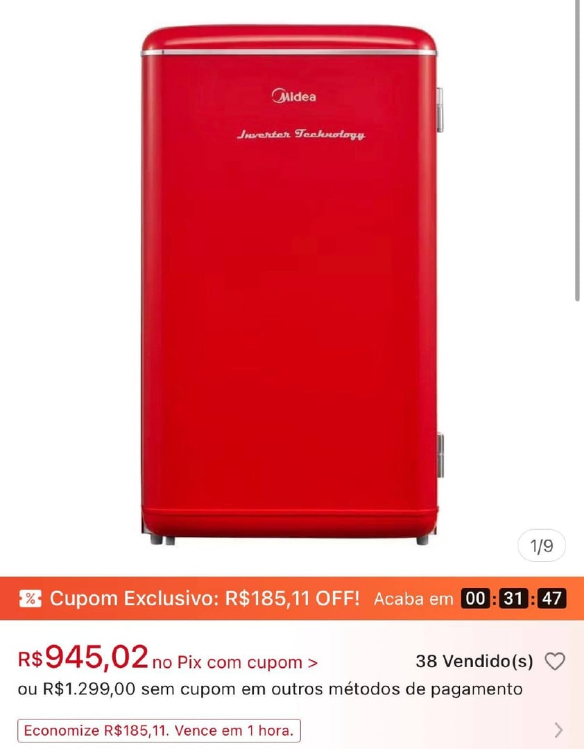Frigobar Retrô Vermelho 93L Inverter Midea MDRD142RTD323 Bivolt