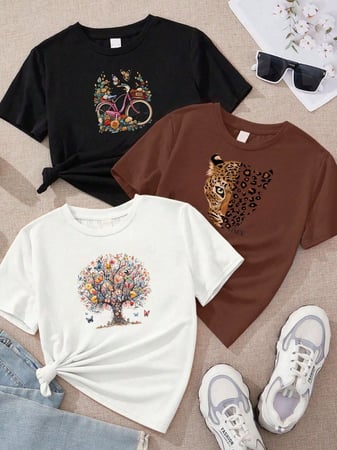 Kit 3 Camisetas Feminina Blusa de Algodão Gatinho Flores Onça Fases da Lua Tumblr Malha Pr...