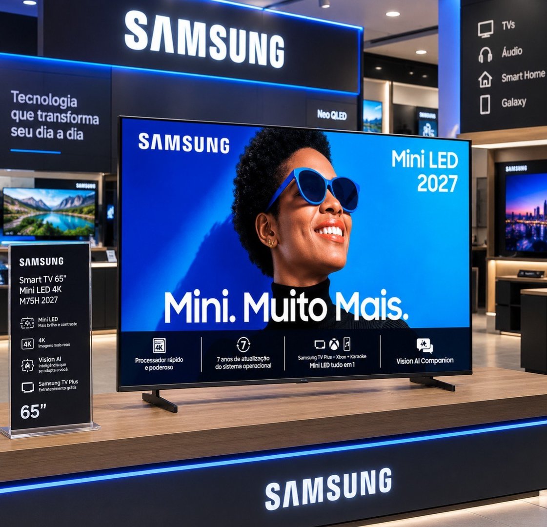 Smart TV 65" Samsung 2027 Mini LED 4K M75H Bluetooth HDMI USB Vision AI Bixby Gemini Assistente Virtual Comando de Voz