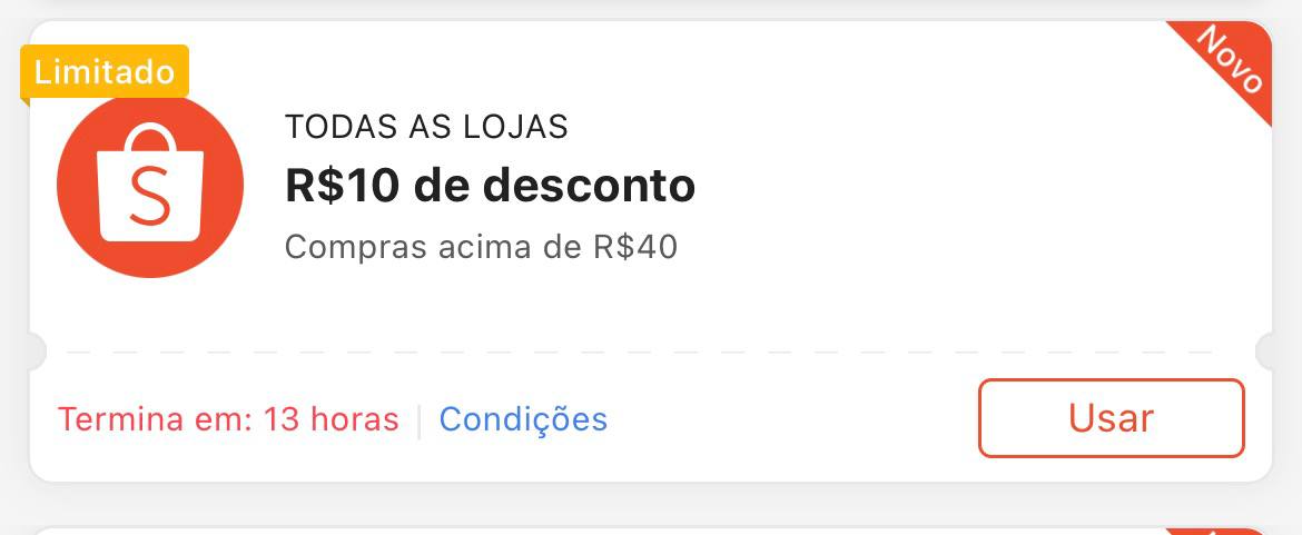 Cupom R$ 10 a partir de R$ 40 - Shopee