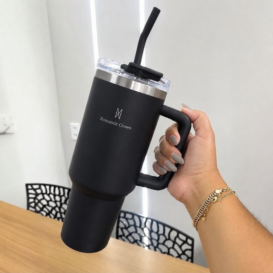 Copo Térmico Gigante 1,2l Inox Com Tampa E Inox Canudo Cor Preto Cor Pura / Material Fosco