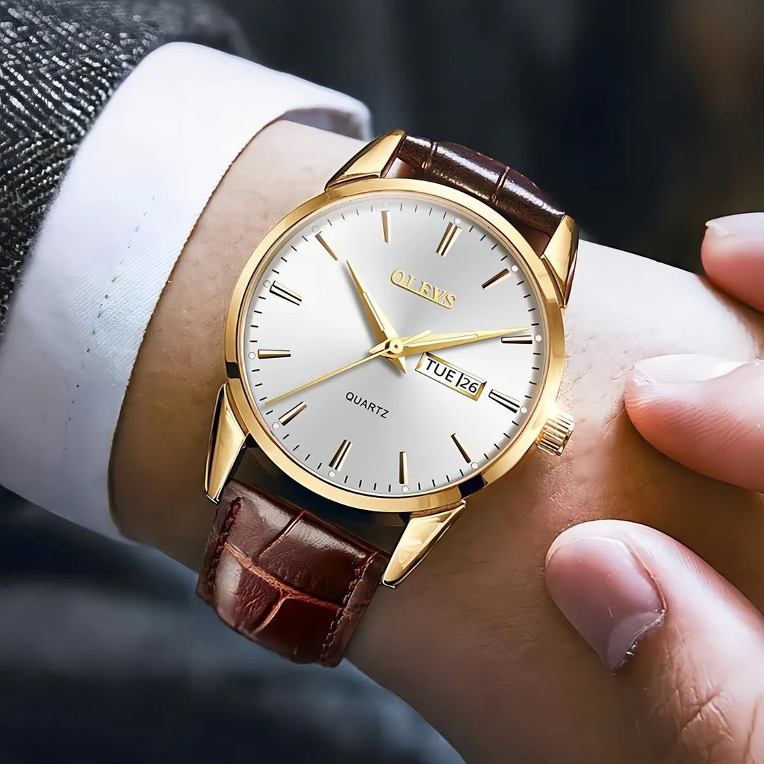 Relógio Masculino Dourado Casual Olevs Pulseira Em Couro Cor Da Correia Marrom Cor Do Fund...