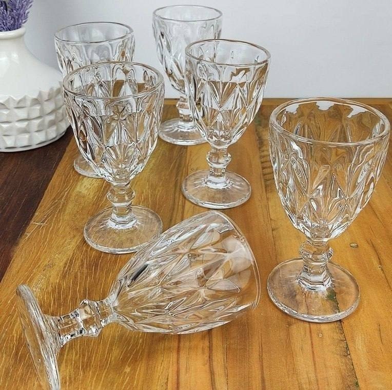 Jogo 6 Taças Diamante Vidro 330ml Copo Diamond Moderno Luxo Transparente Diamante Lapidado...