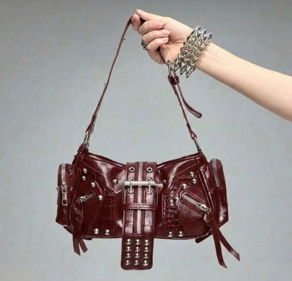 Bolsa Feminina De Ombro Shoulder Bag Rock Punk Y2K com Tachas Fivela e Zíper Preta Estilo ...