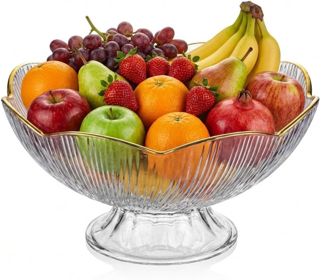Fruteira de Mesa em Acrilico Transparente com Detalhes Dourados Design Sofisticado em Formato de Flor Resistente e Fácil Limpeza