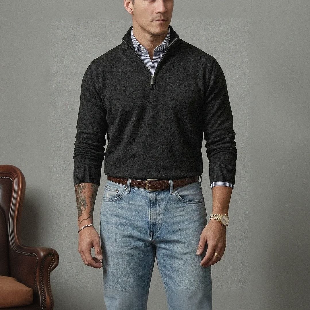 Suéter Masculino Zíper Elegante Gola Alta Inverno Old Money