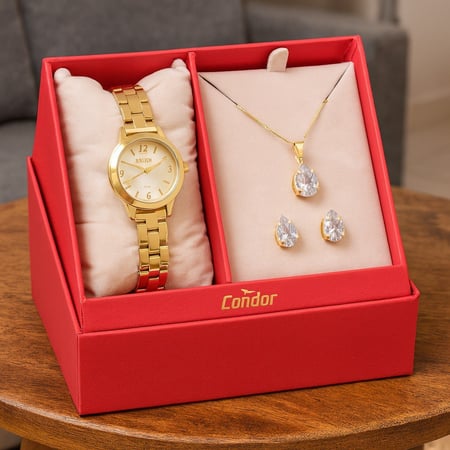 Relogio Feminino Condor Dourado Luxo Pequeno + Kit Joias Fundo Branco