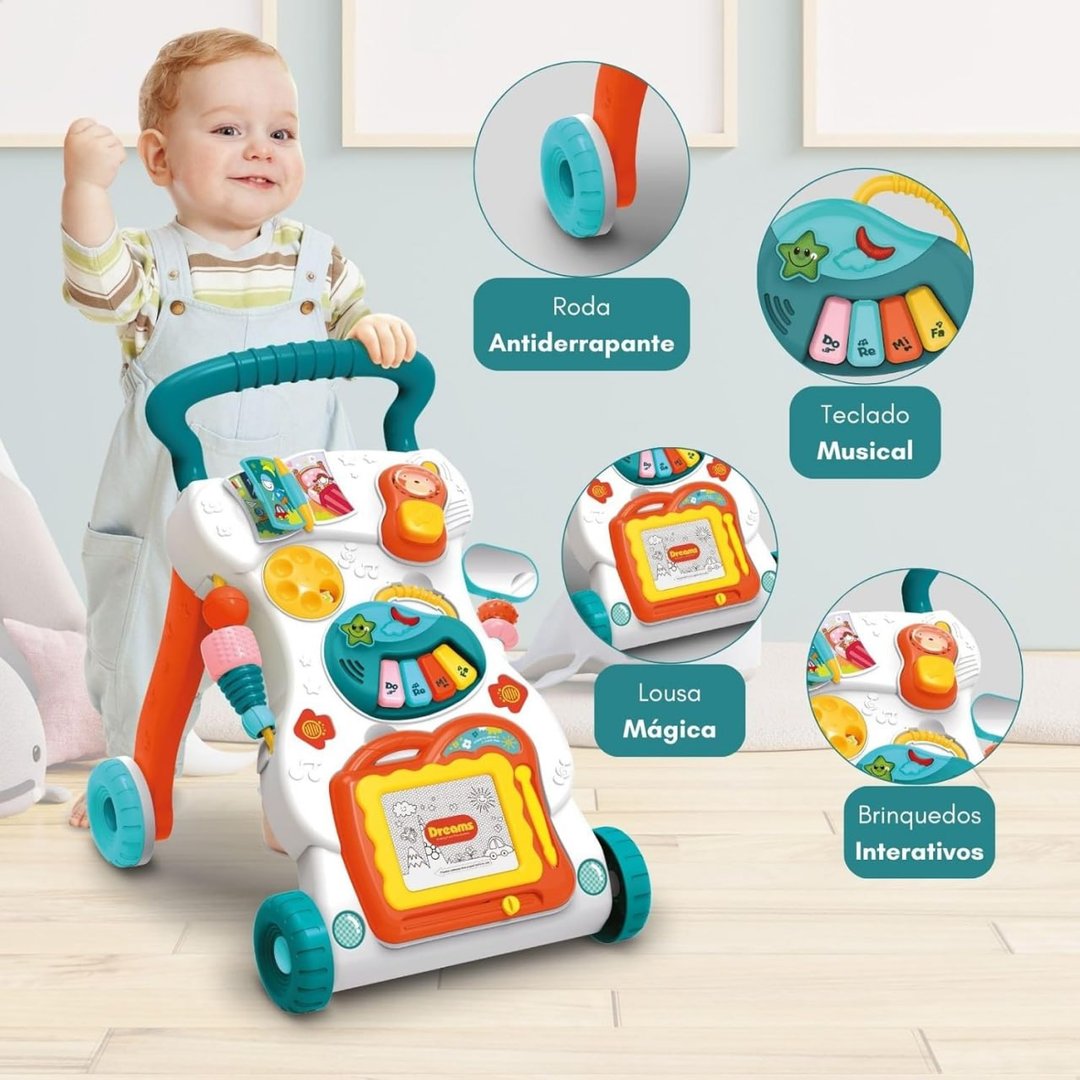 Andador de Empurrar Infantil Brinquedo Educativo para Bebê Teclado Musical Lousa Mágica