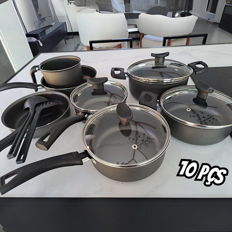 Jogo de Panelas 10 Peças Preto Antiaderente c/Tampa de Vidro e Utensílios