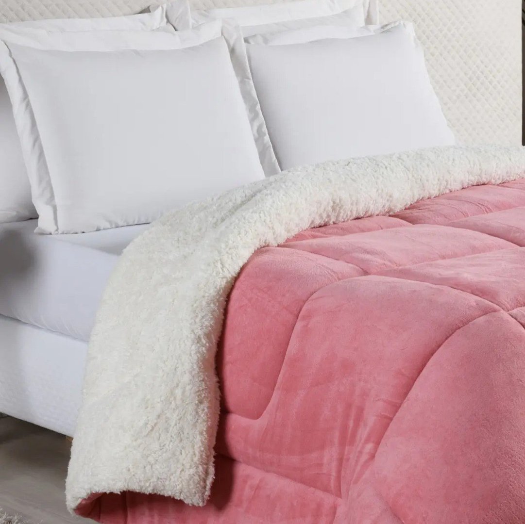 Edredom Sherpa Cobertor e Coberdrom Casal Queen Super Quente Casa Laura - Rosa ou Esmeralda