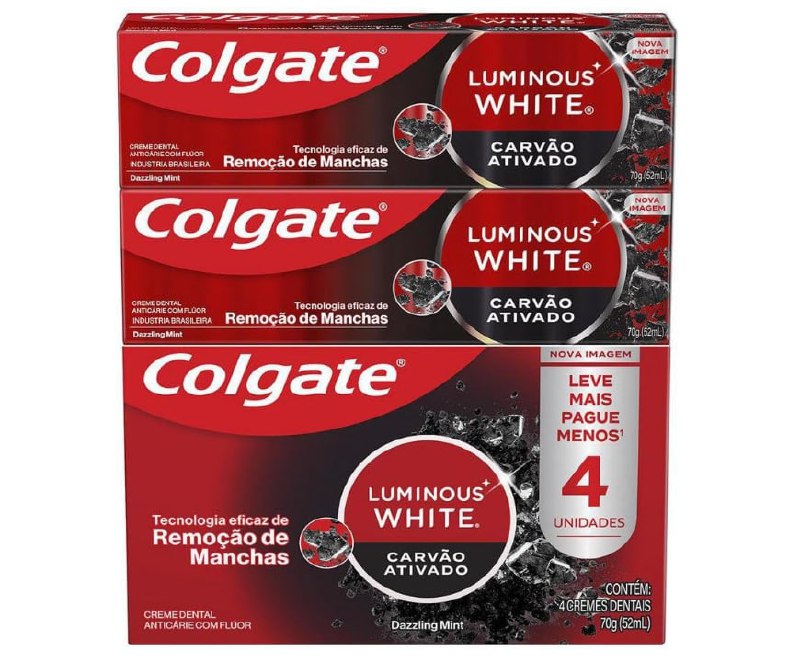 Colgate Creme Dental Clareador Luminous White Carvão Ativado 70g 4 unidades