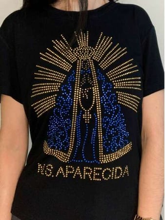 Blusa Feminina T-shirt Estampa Nossa Senhora Aparecida Com Strass Brilhante