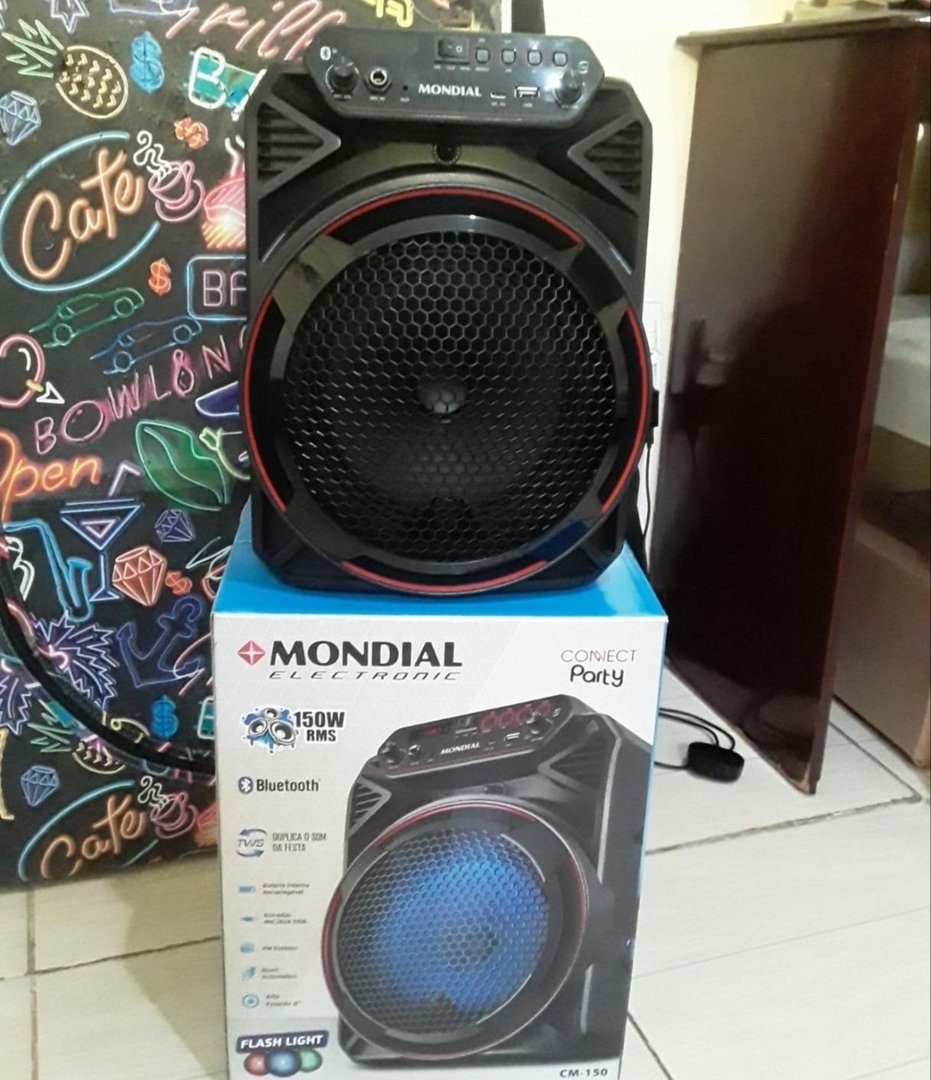 Caixa MONDIAL Amplificada BLUETOOTH Preto 150W RMS BATERIA CARREGAVEL - Bivolt