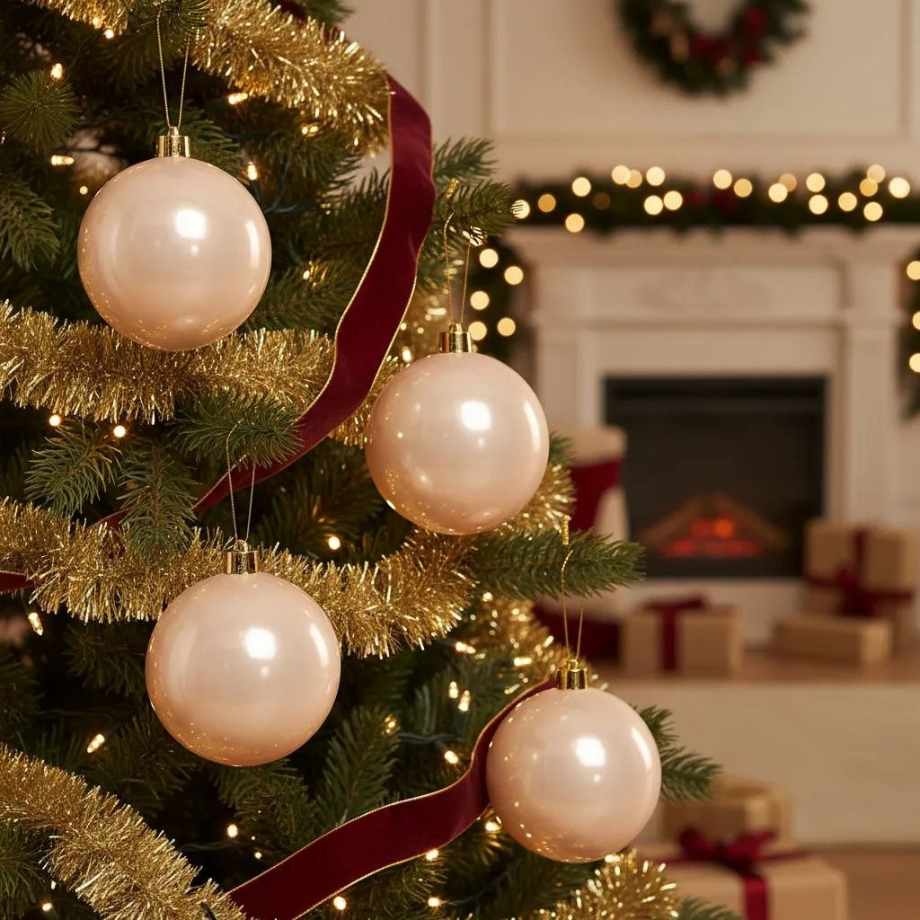 Cinco bolas de Natal peroladas na cor champagne penduradas em uma árvore decorada com fitas de veludo vinho e guirlandas douradas