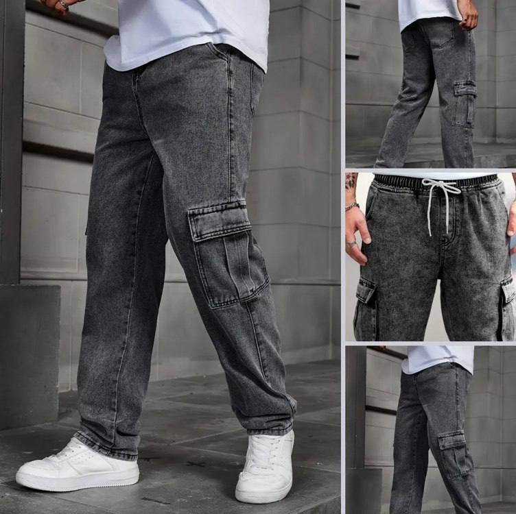 Calça Cargo Masculina Jeans Cós De Elástico Streetwear Larga