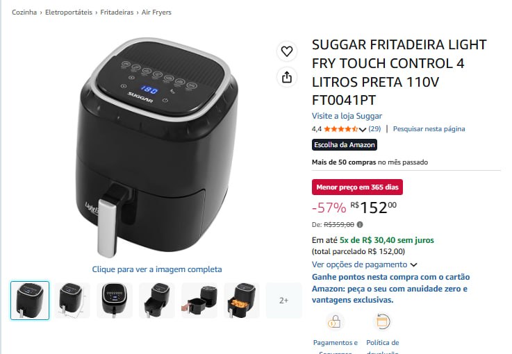 SUGGAR FRITADEIRA LIGHT FRY TOUCH CONTROL 4 LITROS PRETA 110V FT0041PT