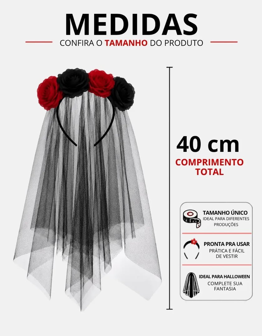 Tiara Caveira Mexicana Véu Fantasia Halloween Deusa Da Morte Preto E Vermelho