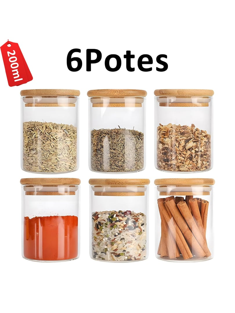 Belifou Kit 06 Potes de Mantimentos Herméticos 200ml Pote Redondo de Vidro com Tampa de Ba...