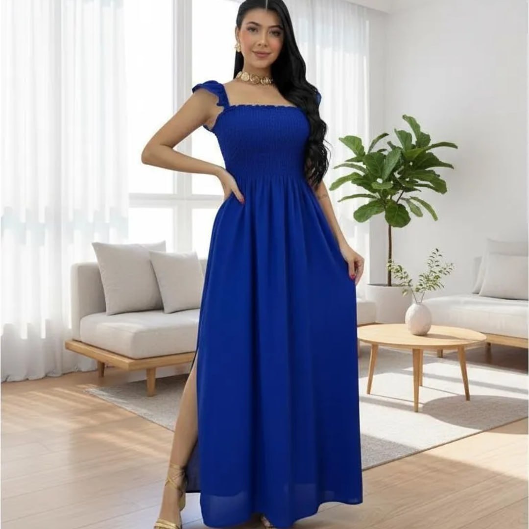 Vestido Longo Feminino Casual Lastex Alcinha Fenda Barato