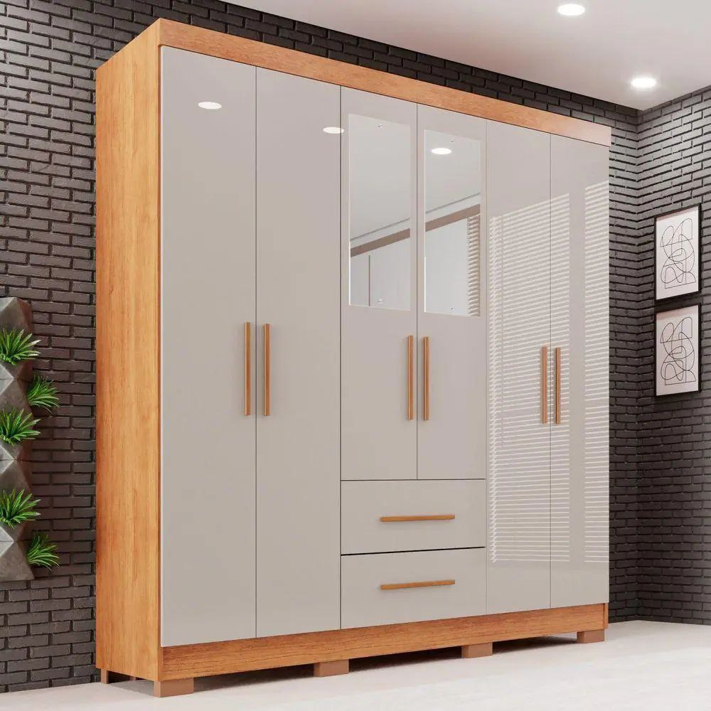 Guarda-roupa Casal com Espelho 6 Portas 2 Gavetas Estrela Premium Cinamomo/Off-White - Off...