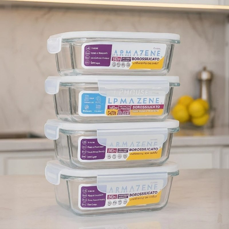 Conjunto 5 Potes Vidro Hermético 640ml Mantimentos Marmita Forno Microondas Transparente