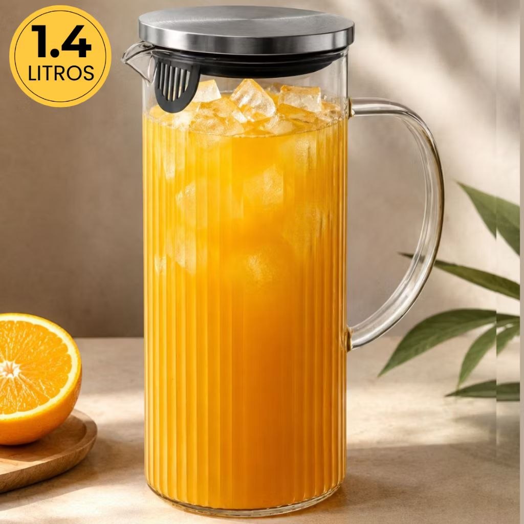 Kit Jarra Borossilicato Tampa Inox 1,9l + 6 Copos 450ml Agua Suco chá transparente