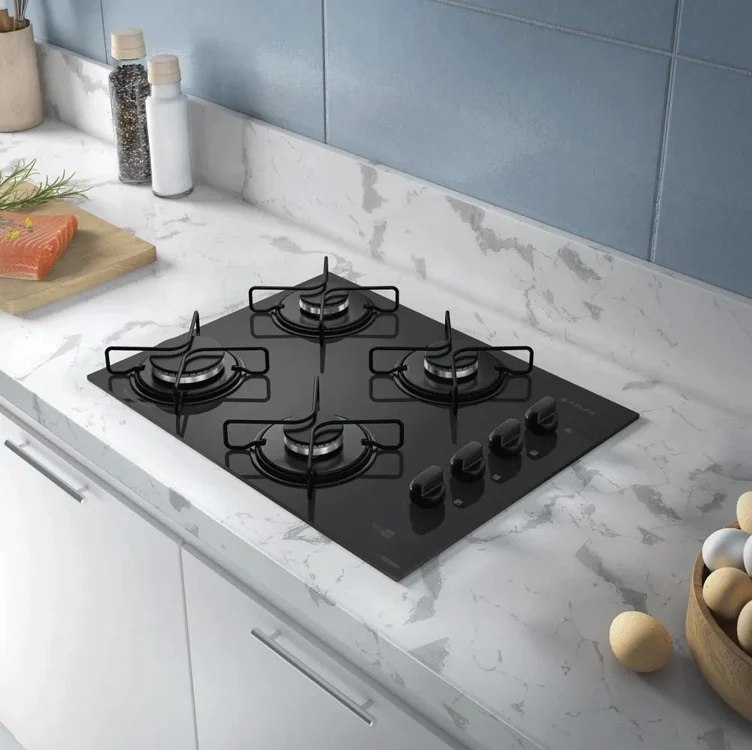 Cooktop 4 Bocas Atlas Agile Up Mesa Vidro Mega Chama Bivolt Preto