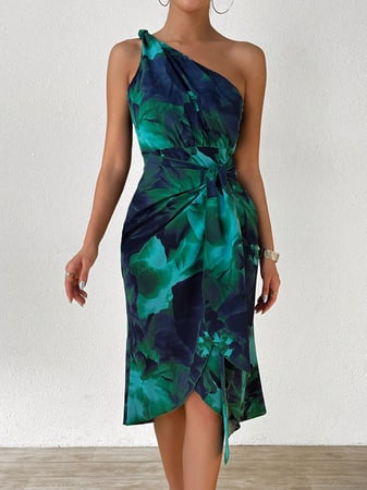 Chiquease Vestido Longo de Verão da Moda com Estampa Floral, Ombro Único, Laço e Bainha En...