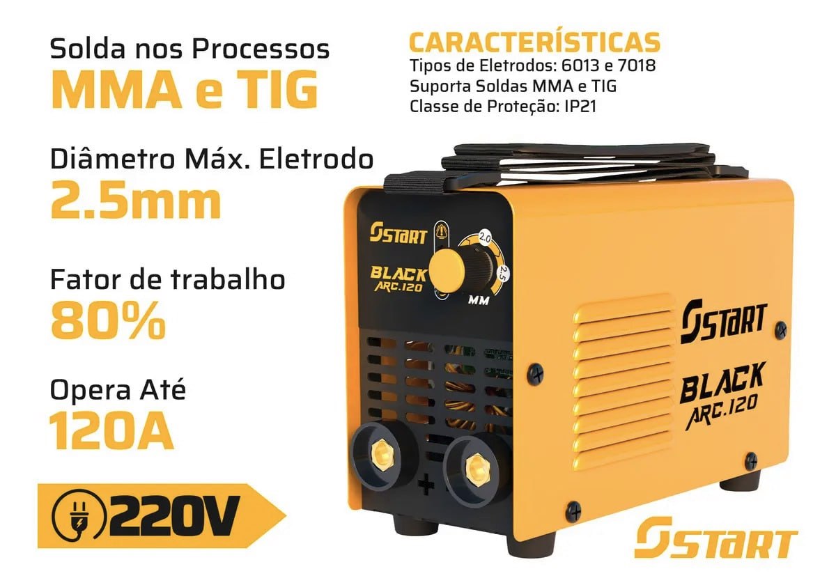 Máquina De Solda Inversora Elétrica Portátil Start Black Arc 120a Mma Eletrodo Tig 220 V