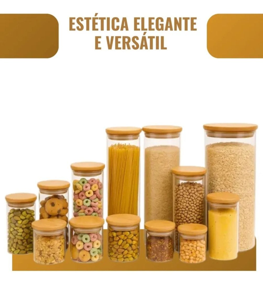 Kit 13 Potes De Vidro Herméticos Com Tampa De Bambu Organizador Para Mantimentos Grãos Caf...