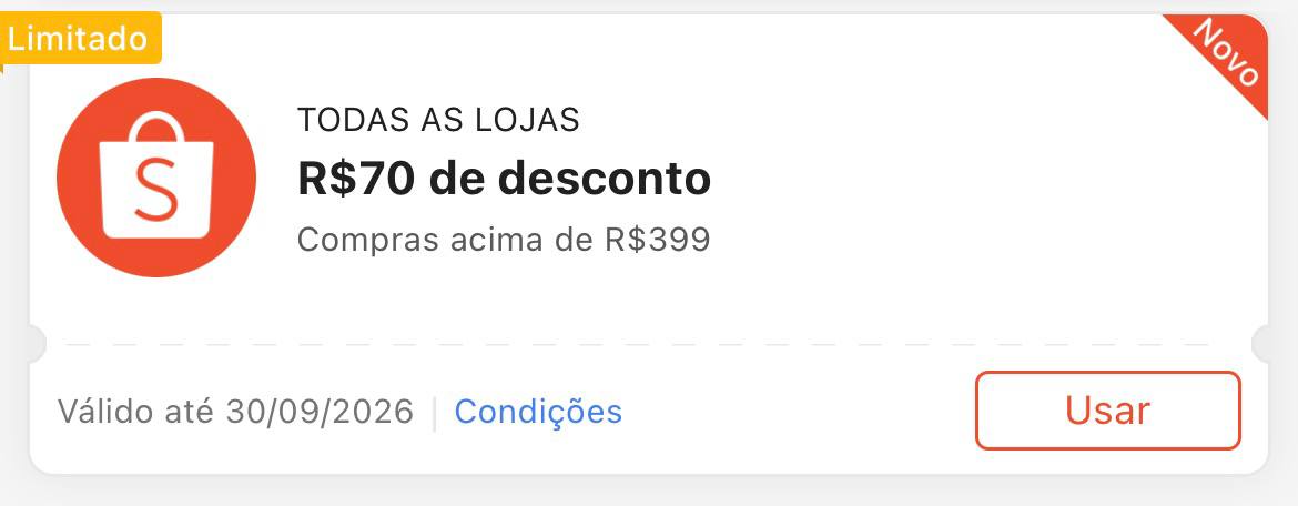 Cupom R$ 70 a partir de R$ 399 - Shopee