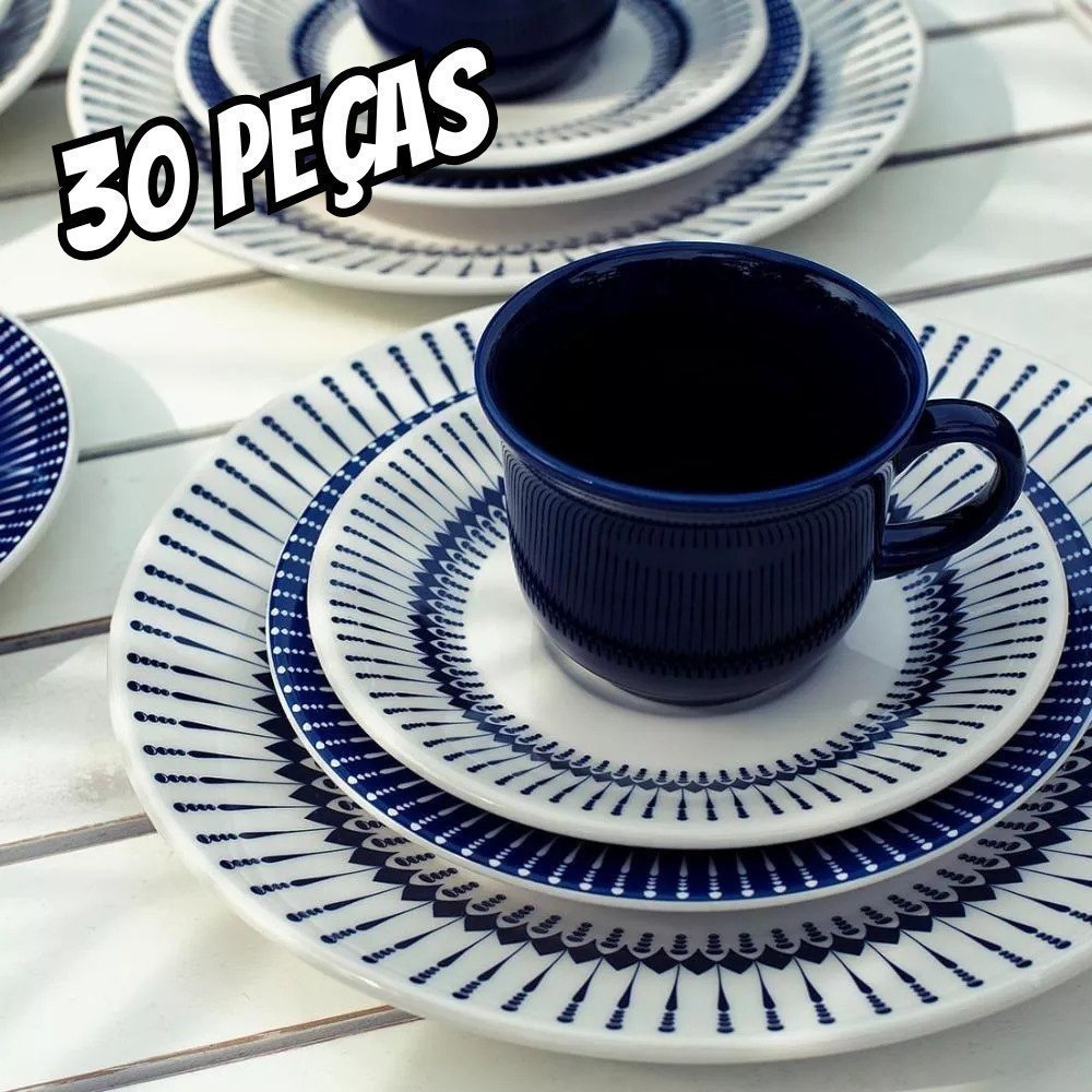 Aparelho De Jantar E Chá 30 Peças Donna Colb Azul Estampado