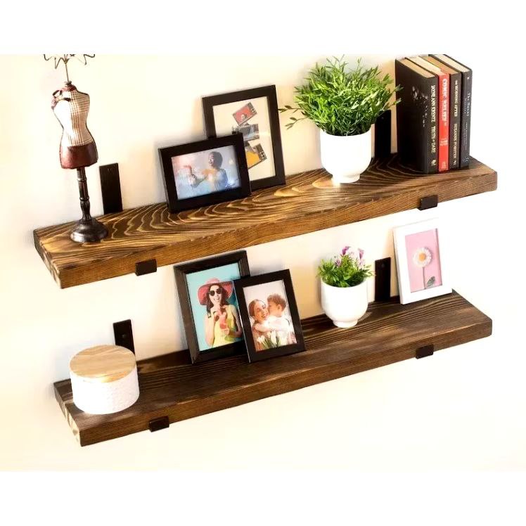 Kit com 2 prateleiras de madeira industrial com suporte invertido mão francesa