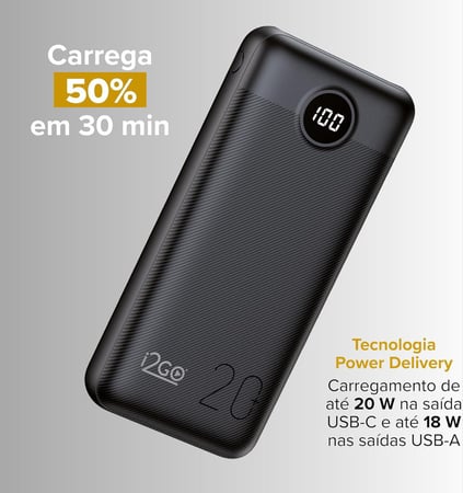 I2GO, Carregador Portátil (Power Bank) Ultra Rápido 20000mAh, Power Delivery 20W, 2 Saídas...