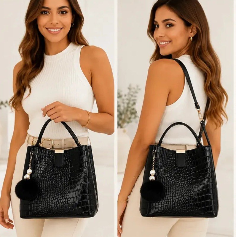 Bolsas Femininas de Ombro e Transversais em Couro Sintético PU Preto