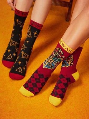 HARRY POTTER X SHEIN 2 Pares de Meias Femininas Geométricas e de Animais, Bloco de Cor, Pr...