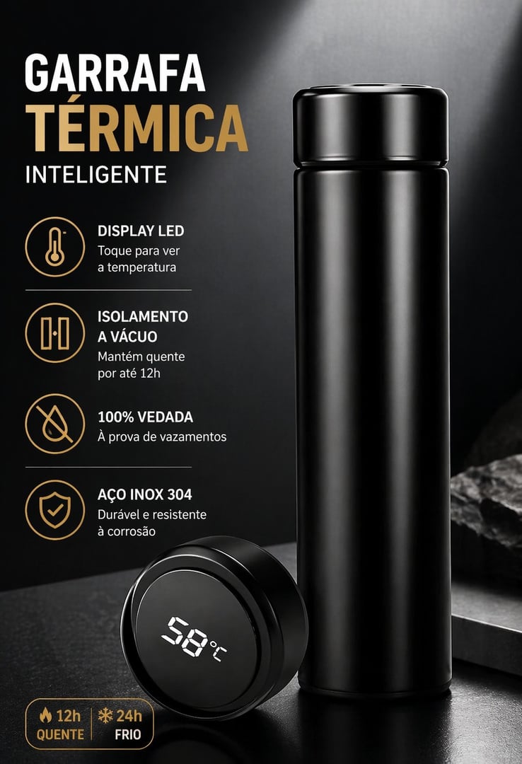Garrafa Térmica 500ml Digital Sensor Led Inteligente Inox Medidor Temperatura Preta