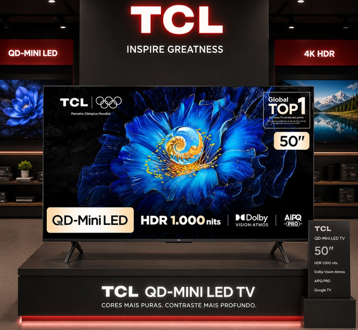 Smart TV 50" TCL 4K UHD MiniLED HDMI USB Bluetooth Processador AiPQ Google Assistente Coma...