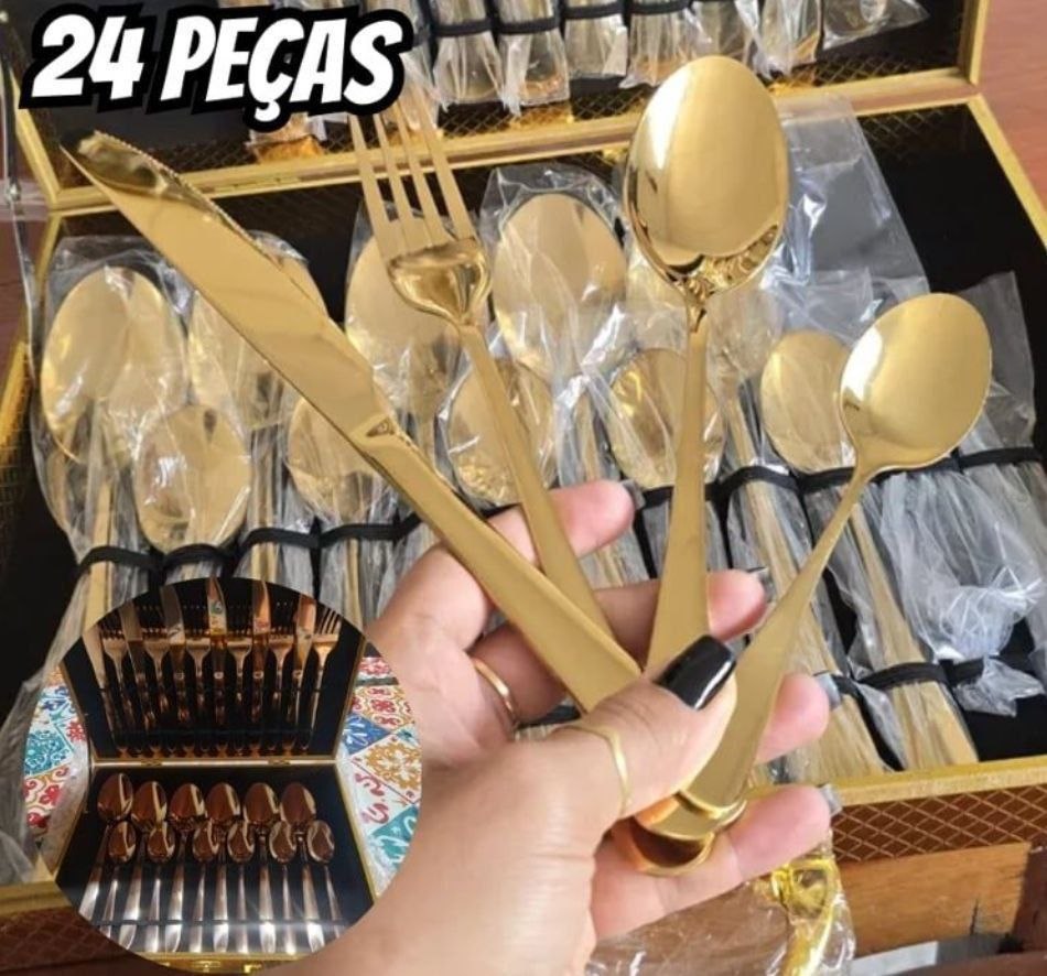 Kit 24 Faqueiro Dourado Talheres Luxo Premium  Com Maleta Dourado