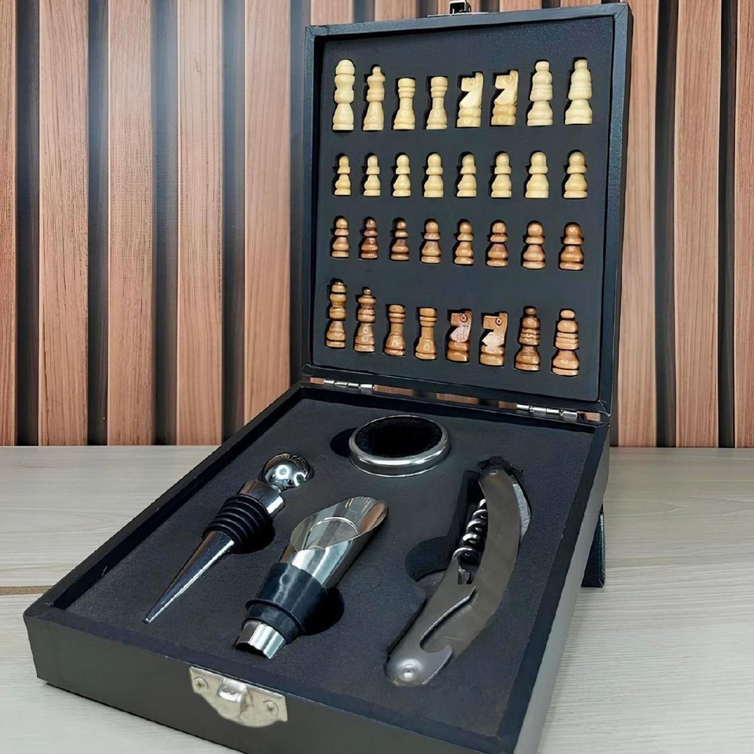 Kit Acessórios Vinho Presente Diferente Abridor /jogo Xadrez