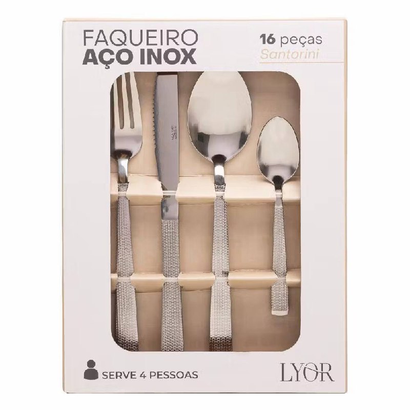 Faqueiro 16 Peças de Aço Inox Premium Santorini Prata - Lyor