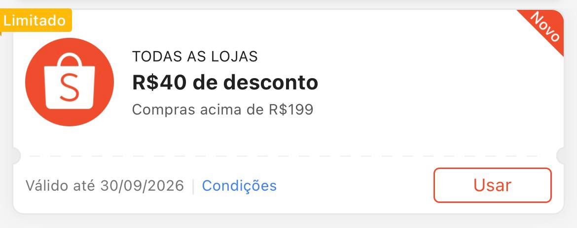 Cupom R$ 40 a partir de R$ 199 - Shopee