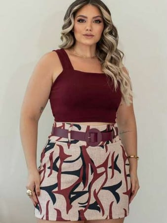 Conjunto Feminino Blusa Cropped + Short Saia com Cinto Plus Size - Conjuntinho Plus Curve