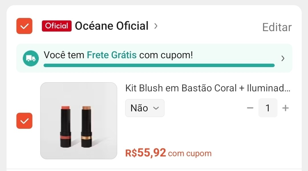 Kit Blush em Bastão Coral + Iluminador em Bastão Bronze Océane Edition (2 Produtos)