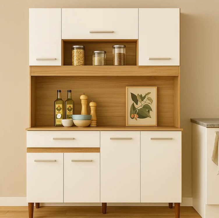 Armário De Cozinha Nicioli Magazin 120 Freijó Off White 7 Portas 1 Gaveta Kit Cozinha Comp...