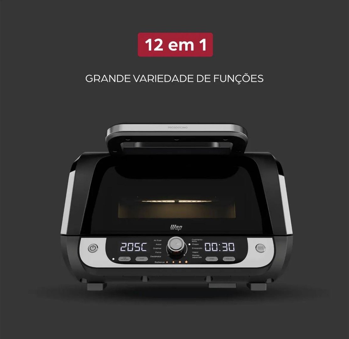 Fritadeira Elétrica Air Fryer Wap Cozinha Barbecue Com Painel Digital E 12 Funções Preto E Cinza 127v