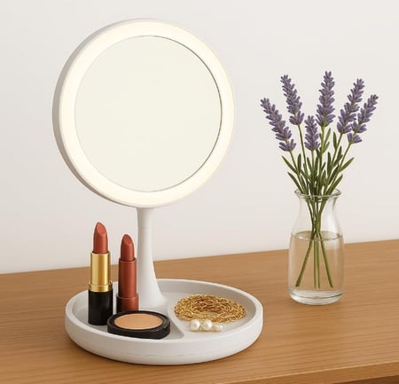Espelho Facial Camarim com LED Duas Faces Aumento 10x Base Organizadora Dobrável Premium